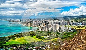 View of Waikiki in Honolulu city from Diamond Head Crater in Oahu Island, Hawaii