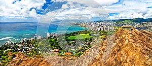 View of Waikiki in Honolulu city from Diamond Head Crater in Oahu Island, Hawaii