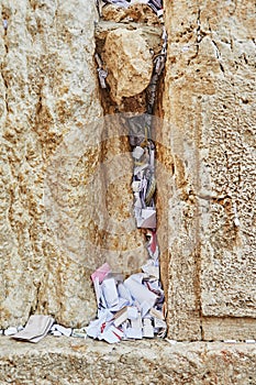 View of the Wailing Wall with notes and requests to God, the shrine of the Jewish religion in Jerusalem