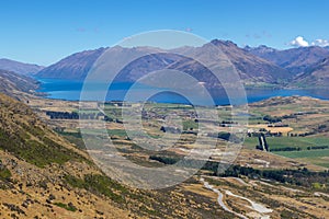 View of Wakatipu lake and Queenstown valley from Remarkables