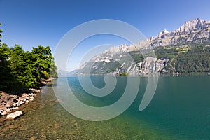 View on Walensee Lake Walen near Walenstadt, Switzerland.