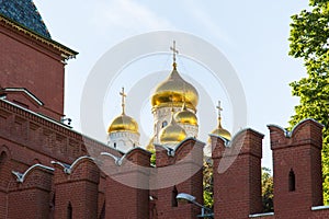 View of the wall and the assumption Cathedral of the Moscow Kremlin on a clear Sunny day