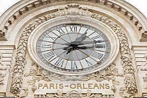 View of wall clock in D`Orsay Museum. D`Orsay - a museum on left bank of Seine, it is housed in former Gare d`Orsay