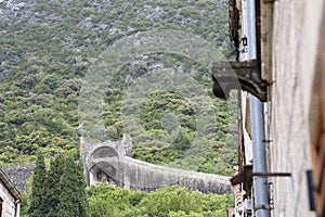 View of the wall and facade, in Ston, Dubrovnik Neretva county, located on the Peljesac peninsula, Croatia