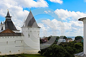 View of the wall and towers of the ancient Rostov Kremlin.