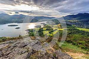 View from Walla Crag as the Sun rays shine down on Derwentwater