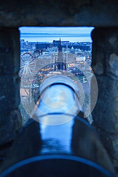View of Walter Scott Monument from Edinburgh Castle's cannon window.
