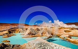 Water bassain by geyser Sol de Manana in the Altiplano of Bolivia