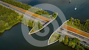 View of water bridge Aquaduct Veluwemeer allowing vehicular and waterborne traffic.