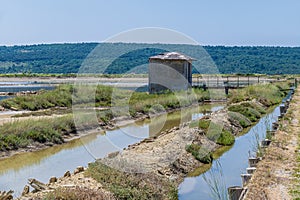 A view of water channels feeding crystallisation pools at the salt pans at Secovlje, near to Piran, Slovenia