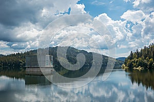 View of water dam or Vodna Nadrz in Nova Bistryca, Slovakia. Detail of house with turbines. Big water dam and reservoir for the