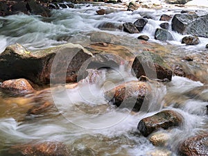 View of water flowing through rocks..