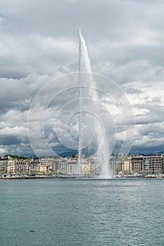 View of the water jet fountain in the lake of Geneva