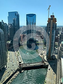 View of water taxi at Wolf Point  on the Chicago River