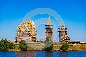 View from water to ensemble of Kizhi Pogost, monument of history, architecture and ethnography on Kizhi Island of Onega lake,