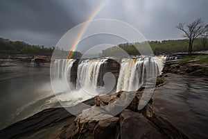 view of waterfall with rainbow, captured during stormy weather