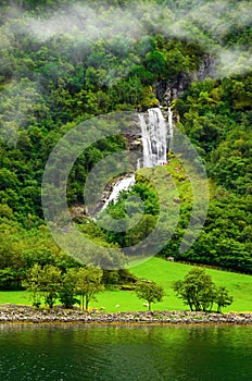 View on waterfall in Sognefjord, one of the most beautiful fjords in Norway