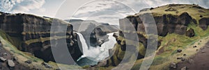 A view of a waterfall from the top of a cliff. AI generative image.