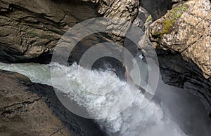 View waterfall Trummelbach fall in mountains, valley of waterfalls