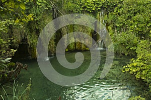 View of waterfalls in Plitvice Lakes National Park.