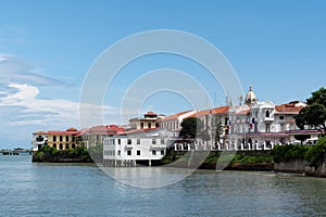 View of waterfront and buildings in Casco Antiguo in Panama City photo