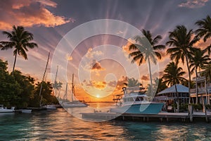 View of a waterfront canal with a sunset in Key West