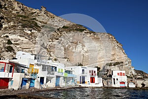 Fisherman's houses built into the cliff in the village of Klima on the Greek island of Milos