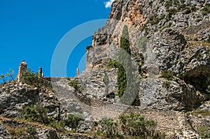 View of the way to the Notre-Dame de Beauvoir church going up the rock.