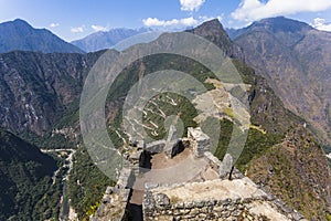 View from Waynapicchu to Machu Picchu and bus road, Peruvian H