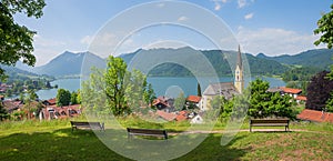 View from weinberg hill to spa town schliersee, st sixtus church. upper bavaria in summer