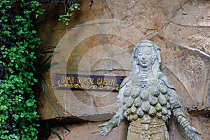 View of the welcome sign at Samui Tropical Garden near Namuang 2 Waterfall on Koh Samui