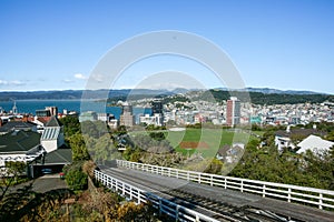 View of Wellington city and harbour from top of cable car on hills of Kelburn