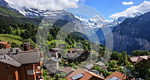 View of Wengen town, Jungfrau and Lauterbrunnen valley, Switzerland