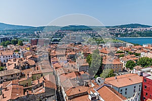 A view west from the clock tower above Tito Square over the rooftops of Koper, Slovenia