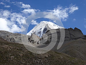 View of west and north face of Mt Kailash from Lha Chu valley, along the 53km pilgrimage trek, Tibet Autonomous Region, China