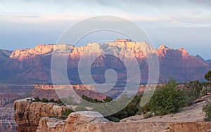 A view of West Temple mountain of Zion National Park seen from Gooseberry Mesa at sunset.
