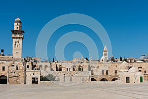 View of the western door and the western arched entrance way at the square of Golden Dome of the Rock, an Islamic shrine located