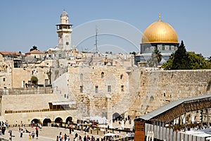 View of the Western Wall and the gold topped Dome of the Rock