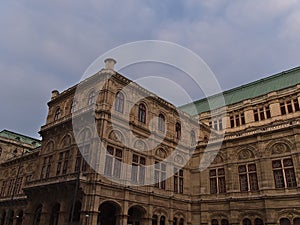 View of the western wing of the Vienna State Opera building, Austria, constructed in the 19th century in Neo-Renaissance style.