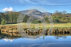 A view of Wetherlam reflected in Elterwater.