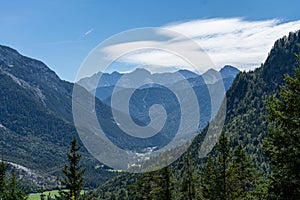 view on wetterstein mountains and leutasch valley from a nearby mountain in summer