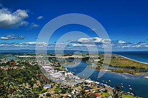 View of Whakatane, river and ocean