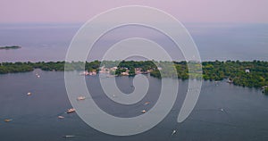 View of wharf, Lake Ontario near Billy Bishop Toronto City Airport. Beautiful top view of wharf with different boats at