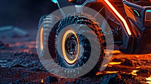 A view of the wheels designed to easily navigate through rough terrain