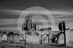 View of Whitby Abbey and cemetery during the night in North Yorkshire,UK