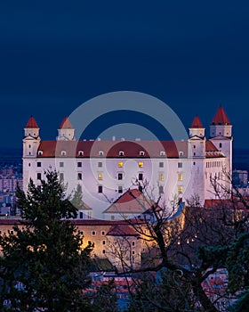 View of the White Castle of Bratislava by night Slovakia