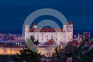 View of the White Castle of Bratislava by night Slovakia