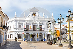 View of white facade of Cartaya City Hall in Huelva  province, Andalusia, Spain