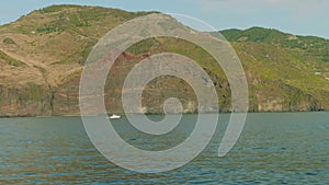 View of white fish boat sailing along Madeira rocky shore