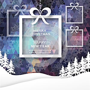 View of white mountains on polygonal background with christmas trees and box with bow.